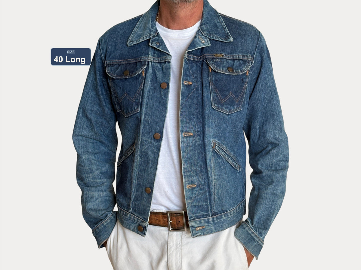 Size 40 Long US. Authentic 70s Wrangler denim jacket -4 pockets- Made in the USA-AJ357 Studio