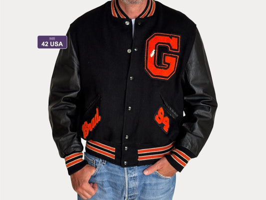 80s Vintage Wool and Leather Black Varsity Jacket Made in USA By DeLong.-AJ357 Studio