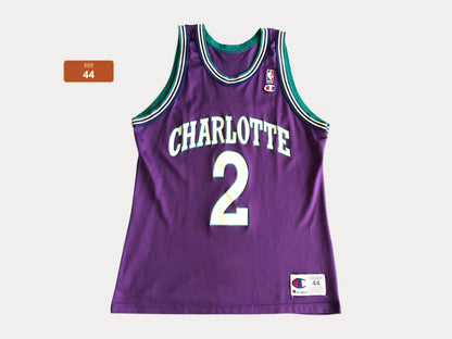 Rare vintage Champion NBA Charlotte Hornets L. JOHNSON #2 Basketball Jersey, iron-on NBA logo.