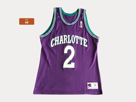 Rare vintage Champion NBA Charlotte Hornets L. JOHNSON #2 Basketball Jersey, iron-on NBA logo.