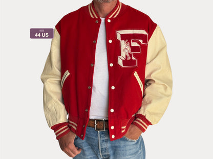 Vintage 70s Wool And Leather Varsity Jacket — Kaye Bros. Chicago — Chenille "F" Patch — Size 44