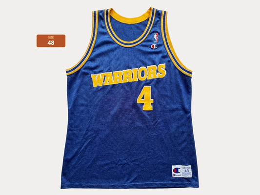 Champion Golden State Warriors Chris Webber #4 Jersey Size 48 Blue Yellow Mesh 90s NBA USA