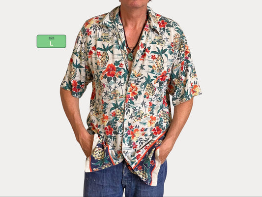 Size Large Long. Vintage 90s Rayon Hawaiian shirt