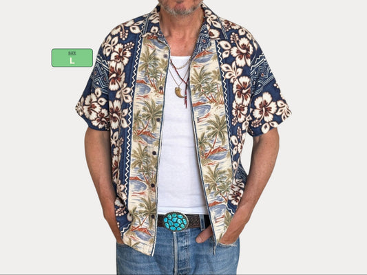 Large. Vintage 90s Hawaiian Barkcloth cotton shirt