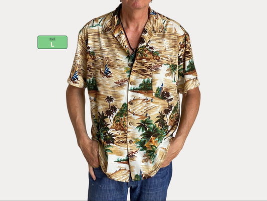 Size Large. Vintage 90s Polyester Hawaiian shirt by Kenington