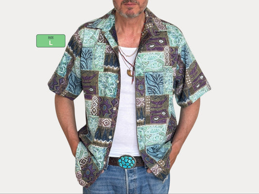 Vintage 60s Hawaiian Cotton Shirt - Size L, Made in USA by Go Bearfoot