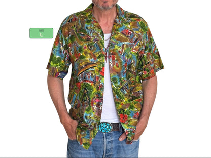 Grande chemise hawaïenne vintage en satin de coton des années 70