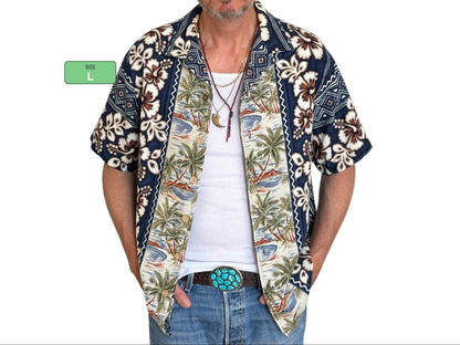 Large Vintage 90s Hawaiian Barkcloth Cotton Shirt Made in USA