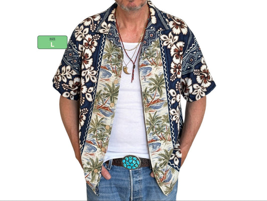 Large Vintage 90s Hawaiian Barkcloth Cotton Shirt Made in USA