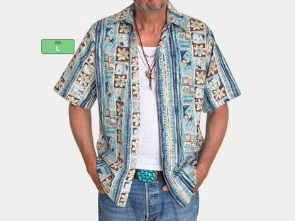 Grande chemise hawaïenne vintage en coton des années 70, fabriquée aux États-Unis.