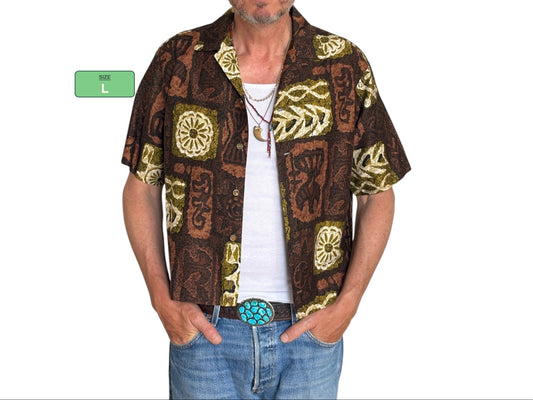 Large . Vintage 60s Hawaiian satin cotton shirt Made in Hawaii
