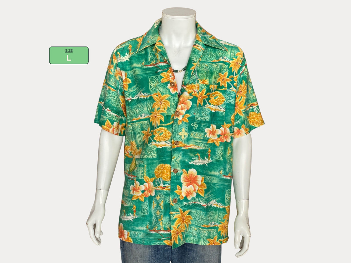 Chemise hawaïenne vintage en satin de coton, coupe large et grande, des années 70