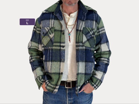 Large:  Vintage 70s heavy plaid jacket made by Kingsfield