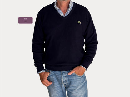 Vintage 80s Izod Lacoste Navy V-Neck Sweater — Large