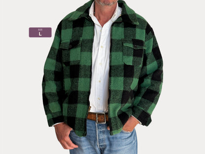 Distressed Vintage 60s Green & Black Buffalo Plaid Wool Jacket, Size Large