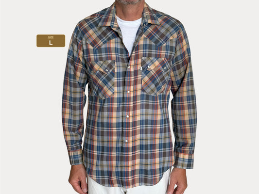 Vintage 1970s Levi’s Big E Western Plaid Shirt — Pearl Snap — Size Large
