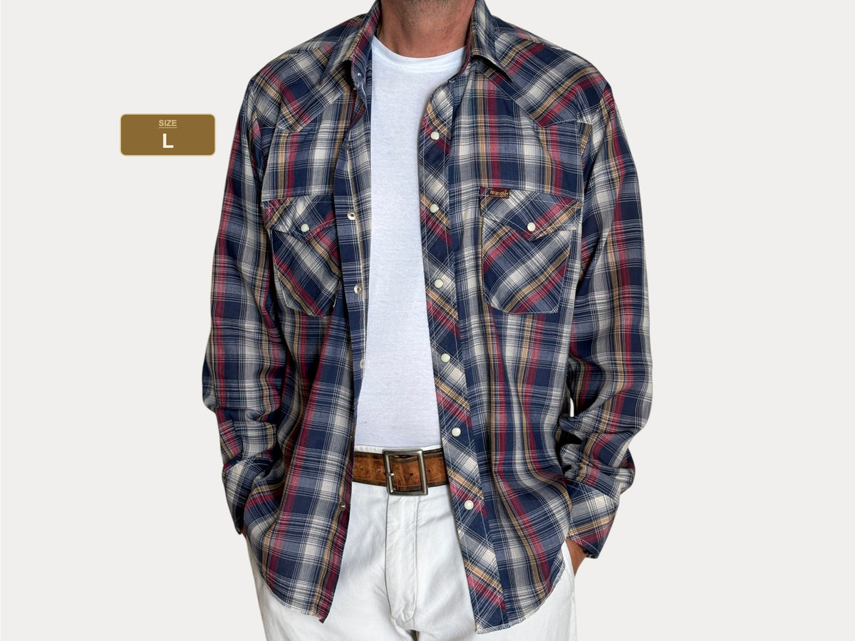Vintage Wrangler Western Plaid Shirt — Pearl Snap — Size Large made in USA
