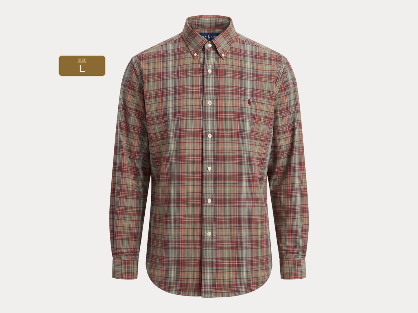 Ralph Lauren Classic Fit Plaid Shirt 16/L Olive Green Burgundy Cotton