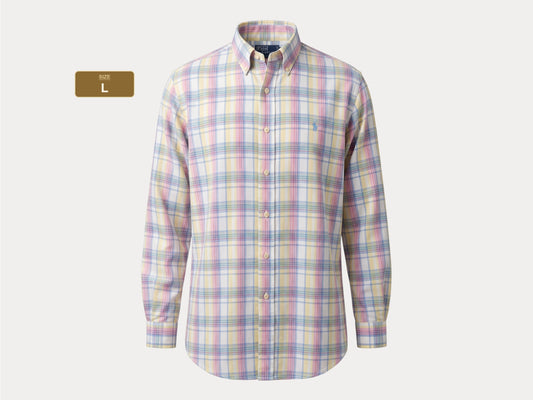 Polo by Ralph Lauren Pastel Plaid Shirt Large | Pink Yellow Blue Cotton | Vintage 90s Mens Shirt