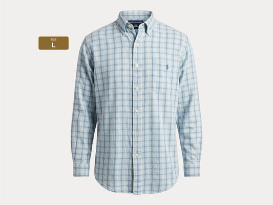 Ralph Lauren Sport Button-Down Shirt Large | Light Blue Plaid Cotton | Vintage Mens Shirt — As Is