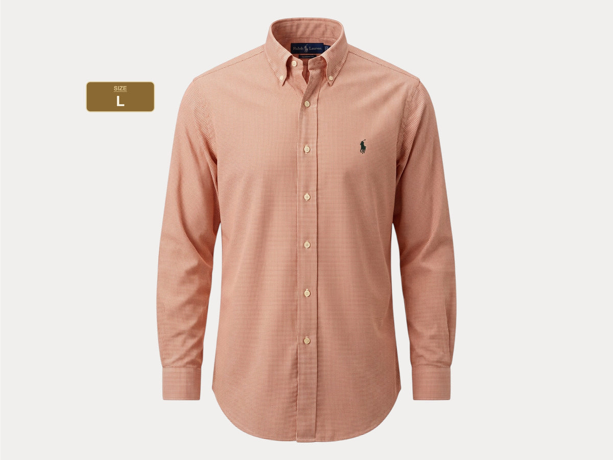 Ralph Lauren Classic Fit Button-Down Shirt Large | Rust Orange Houndstooth Cotton | Vintage Mens Shirt-AJ357 Studio