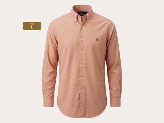 Ralph Lauren Classic Fit Button-Down Shirt Large | Rust Orange Houndstooth Cotton | Vintage Mens Shirt