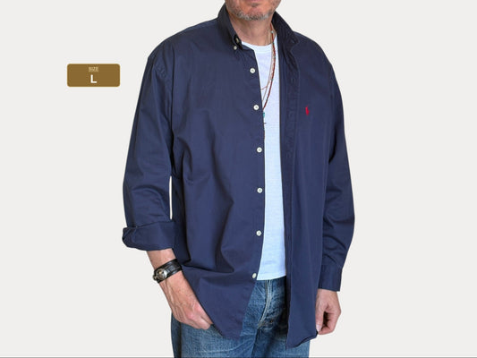 Ralph Lauren BLAKE Button-Down Shirt Large | Solid Navy 100% Cotton | Red Pony Logo | Mens Classic Shirt