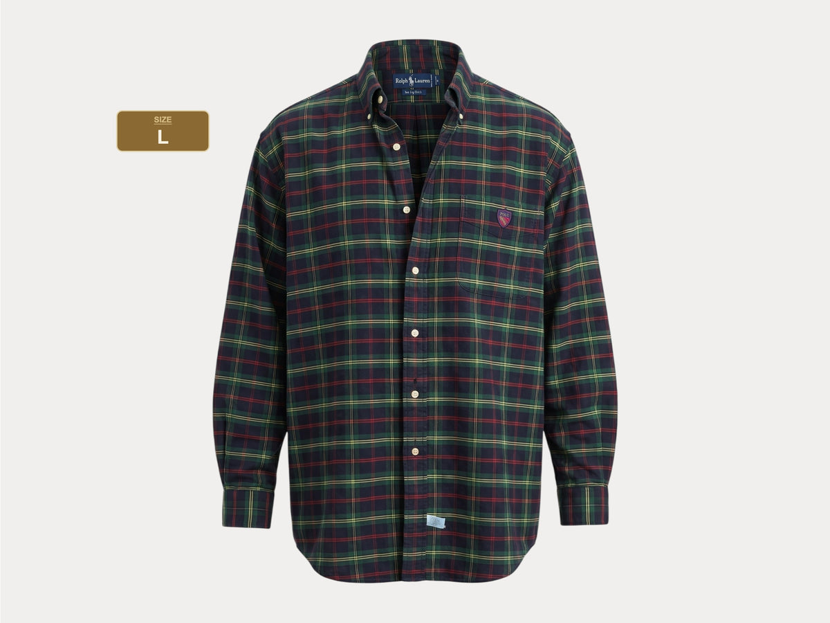 Ralph Lauren The Big Shirt Large | Dark Green Tartan Plaid Cotton | Polo Shield Logo | Vintage Oversized Mens Shirt