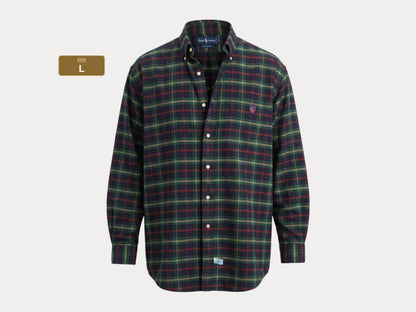 Ralph Lauren The Big Shirt Large | Dark Green Tartan Plaid Cotton | Polo Shield Logo | Vintage Oversized Mens Shirt