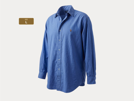 Ralph Lauren YARMOUTH Button-Down Shirt Large | Solid Blue Pinpoint Oxford Cotton | Mens Classic Shirt