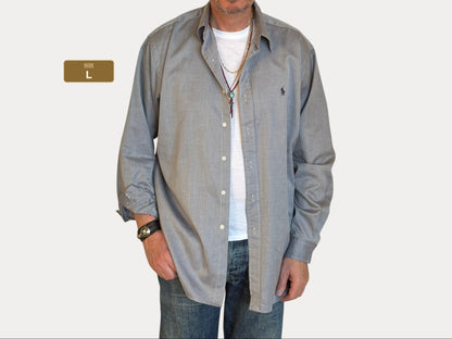 Polo Ralph Lauren Lowell Sport Shirt L Grey Herringbone 100% Cotton