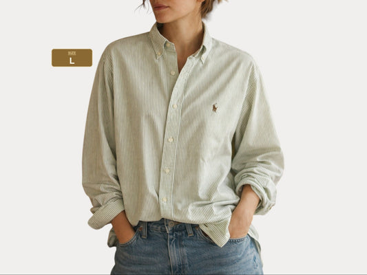 Ralph Lauren BLAKE Shirt Large Green White Striped Cotton Button Down