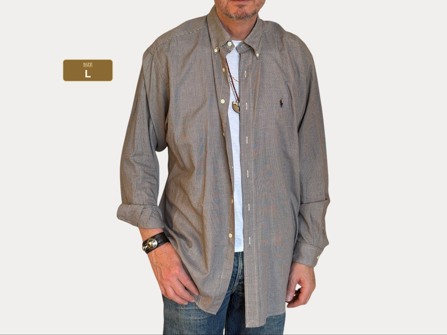Ralph Lauren Blake Shirt Large Brown Houndstooth 100% Cotton Vintage