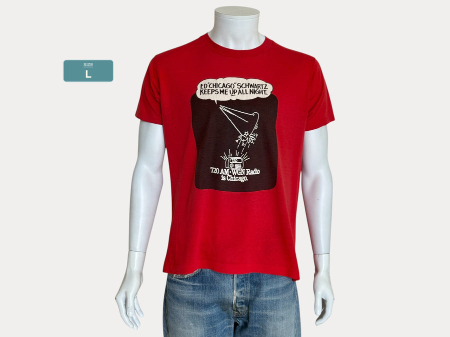 Vintage 80s Single Stitch WGN Radio tee – late-night Chicago vibes with Ed ‘Chicago’ Schwartz. Large-AJ357 Studio