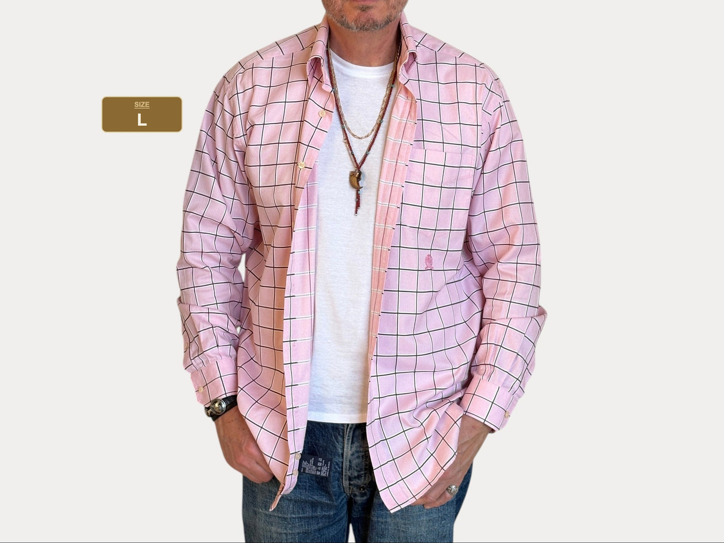 Tommy Hilfiger Shirt Medium Pink Windowpane Check 80s 2 Ply Cotton