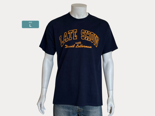 Vintage Champion 90s Late Show with David Letterman tee – classic TV nostalgia in bold collegiate style. Large