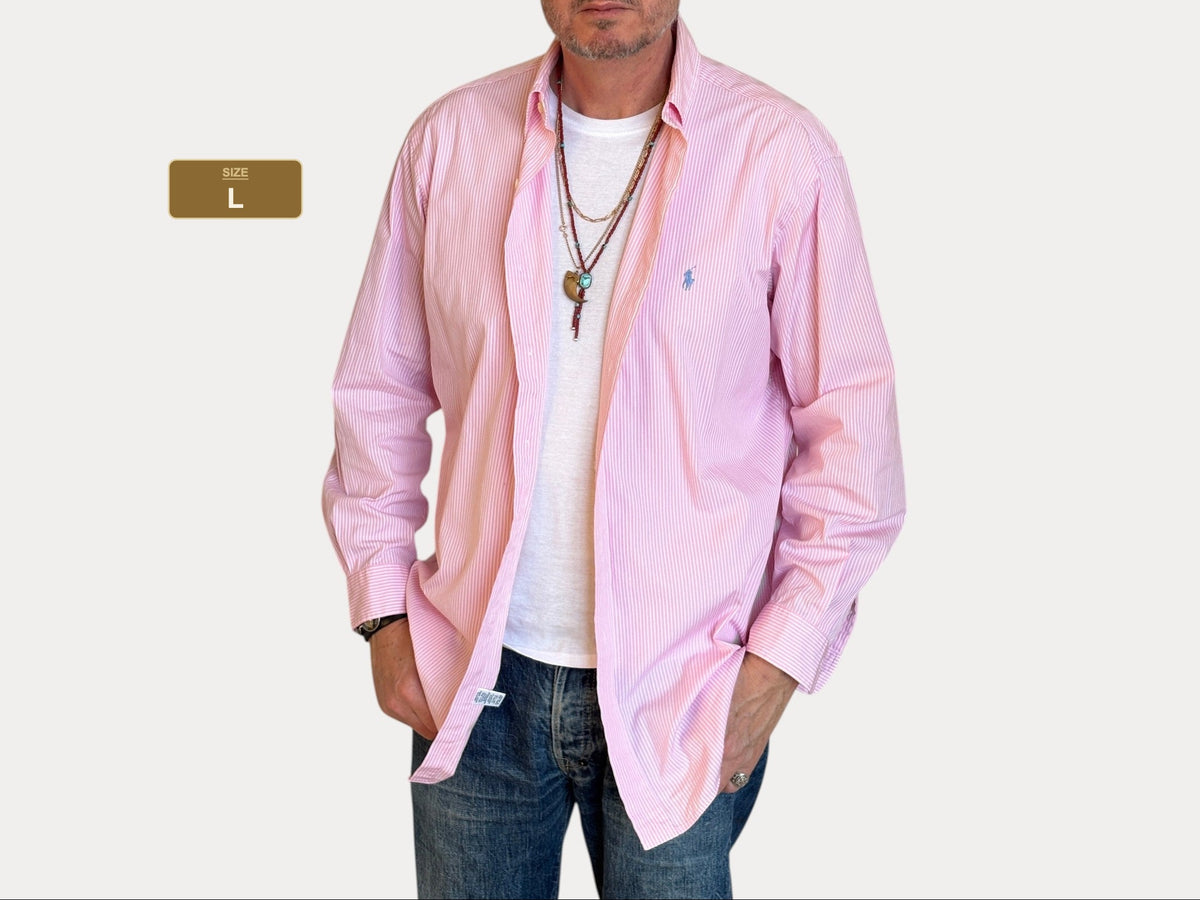 Ralph Lauren Classic Fit Shirt 16.5/35 Pink White Stripe Cotton Made in Philippines