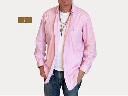 Ralph Lauren Classic Fit Shirt 16.5/35 Pink White Stripe Cotton Made in Philippines