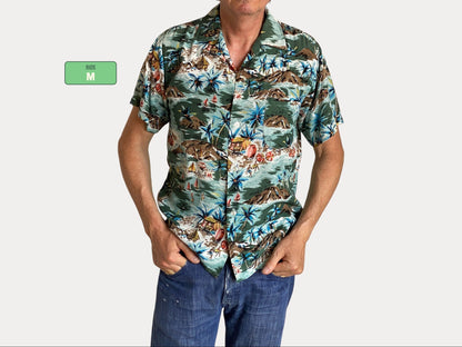 Talla mediana. Camisa hawaiana vintage de rayón de los años 90 de Aloha Shirts. Fabricada en Japón.