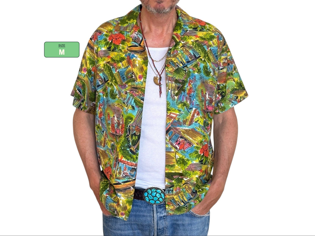 Chemise hawaïenne vintage en satin de coton, taille moyenne, années 60, fabriquée à Hawaï pour Diamond Head - Island Collectible