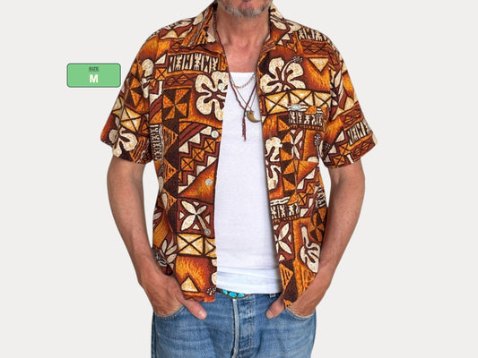 Medium Size Vintage 90s Hawaiian Barkcloth Cotton Shirt by Quicksilver - Surfing Collectible