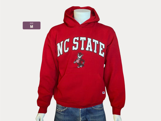 Size M. Vintage NC State 90s hooded sweatshirt made by Russell Athletic