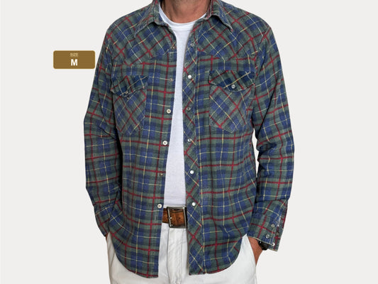 Vintage Branford Plaid Flannel Shirt — Snap Front — Size Medium