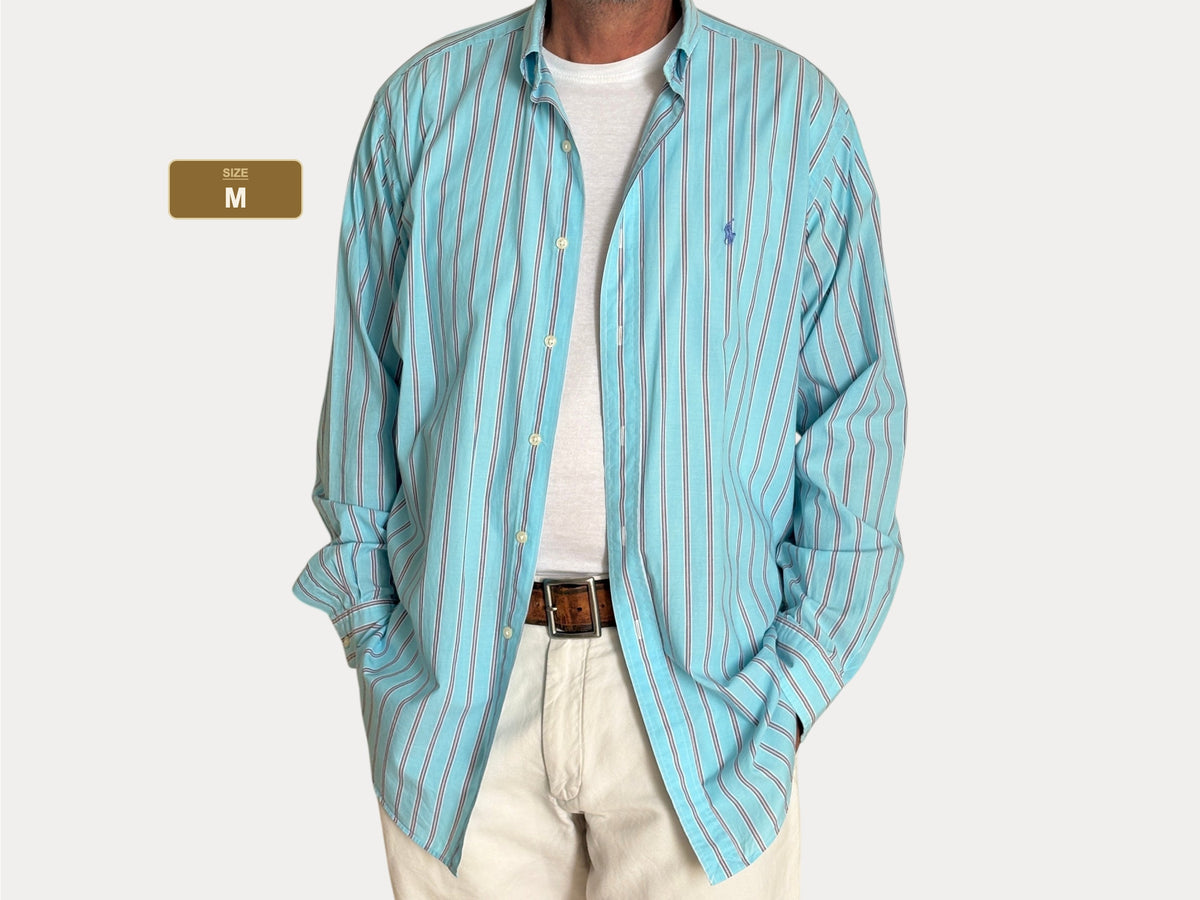 Vintage Ralph Lauren Classic Fit Turquoise Striped Shirt — 100% Cotton — Size Medium