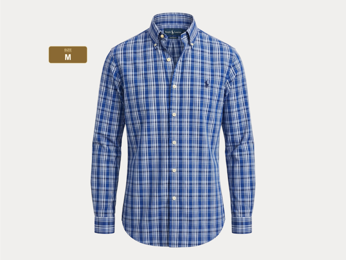 Ralph Lauren Custom Fit Button-Down Shirt Medium | Blue Plaid Cotton | Mens Classic Shirt