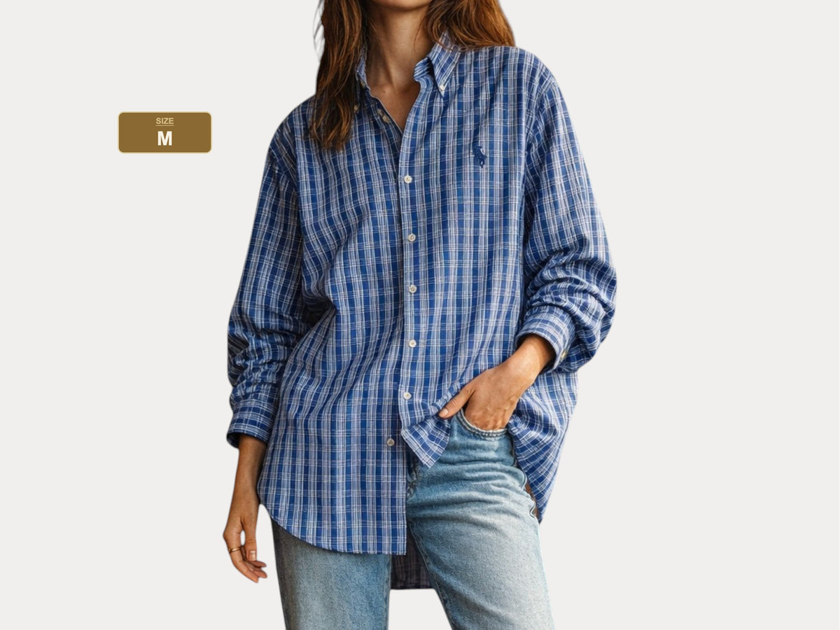 Ralph Lauren Custom Fit Shirt Medium Blue White Plaid Cotton Button Down