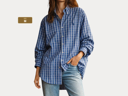 Ralph Lauren Custom Fit Shirt Medium Blue White Plaid Cotton Button Down
