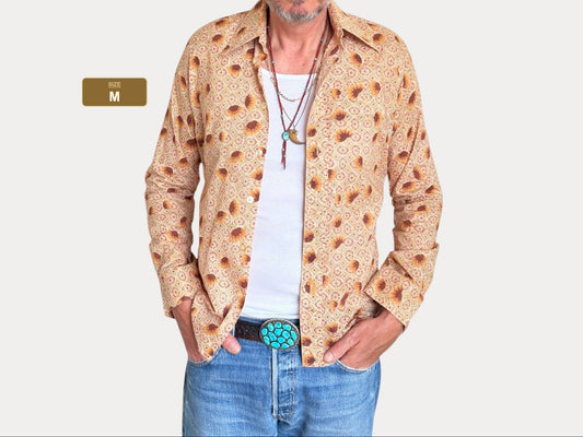 Size M. Vintage 70’s Shirt Fitted Long Sleeve floral and geometric Retro Summer Festival Shirt