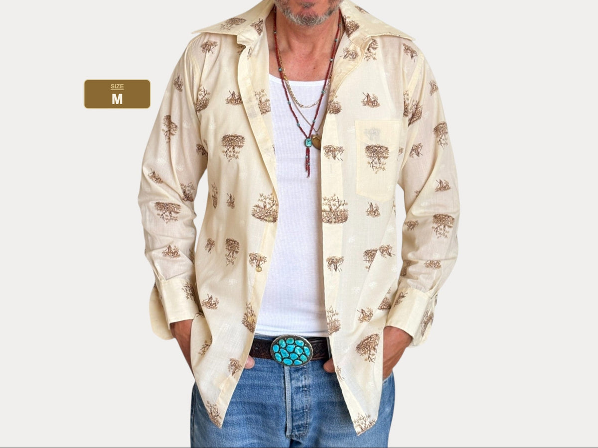 Size M. Vintage 70’s Shirt — Long Sleeve — Graphic Print —-AJ357 Studio