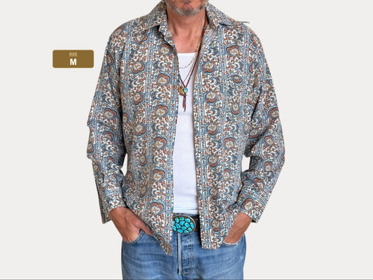 Size M. Vintage 70’s Long Sleeve Paisley Shirt — Bold Boho Retro Festival Shirt